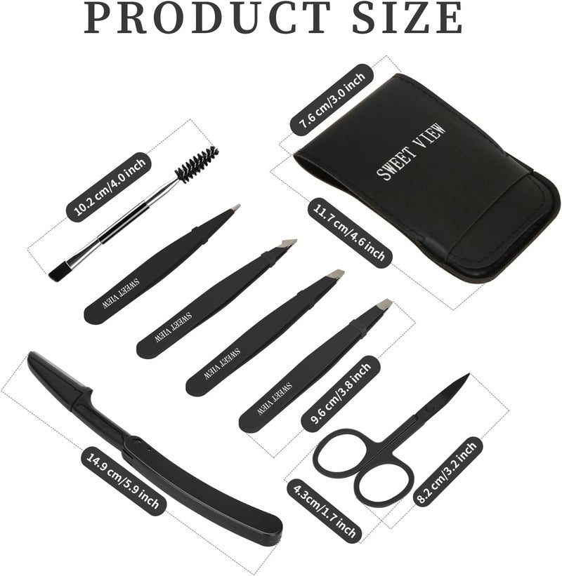 SWEET VIEW 7pcs Eyebrow Tweezers Kit for Women Precision Plucker with Brow Scissors & Razor & Spoolie for Facial, Chin, Brow, Splinter and Ingrown Hair - Image 2